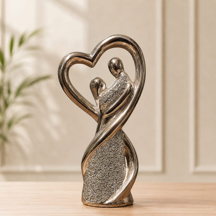 Modern Silver Chrome Porcelain Embrace Couple in Heart Statue (12 Inch) - Shot 7