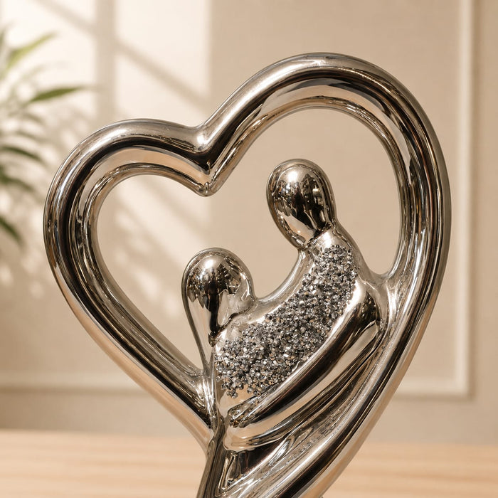 Modern Silver Chrome Porcelain Embrace Couple in Heart Statue (12 Inch) - Shot 5