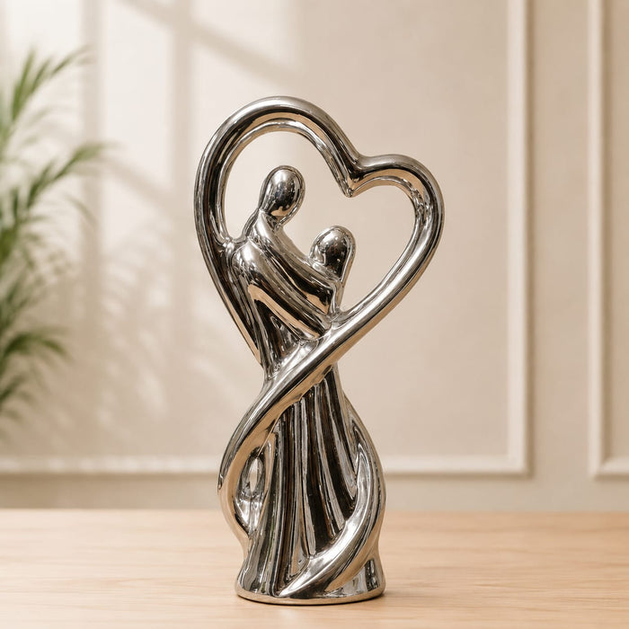 Modern Silver Chrome Porcelain Embrace Couple in Heart Statue (12 Inch) - Shot 2