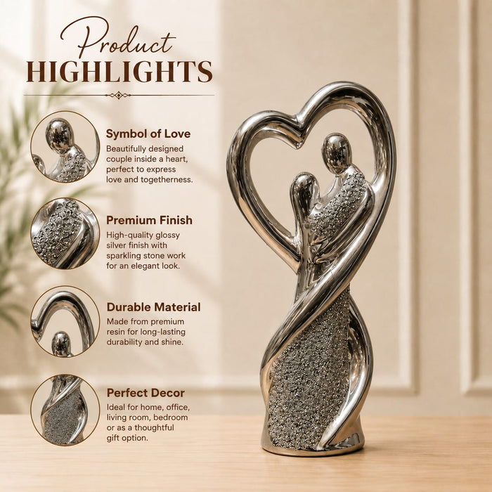 Modern Silver Chrome Porcelain Embrace Couple in Heart Statue (12 Inch) - Shot 1