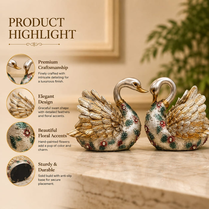 A direct front-facing view of the Silver Floral Swan Pair showcasing its vibrant details and premium finish.