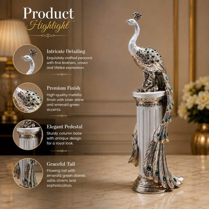 A direct front-facing view of the Silver Peacock on Pillar showcasing its vibrant details and premium finish.