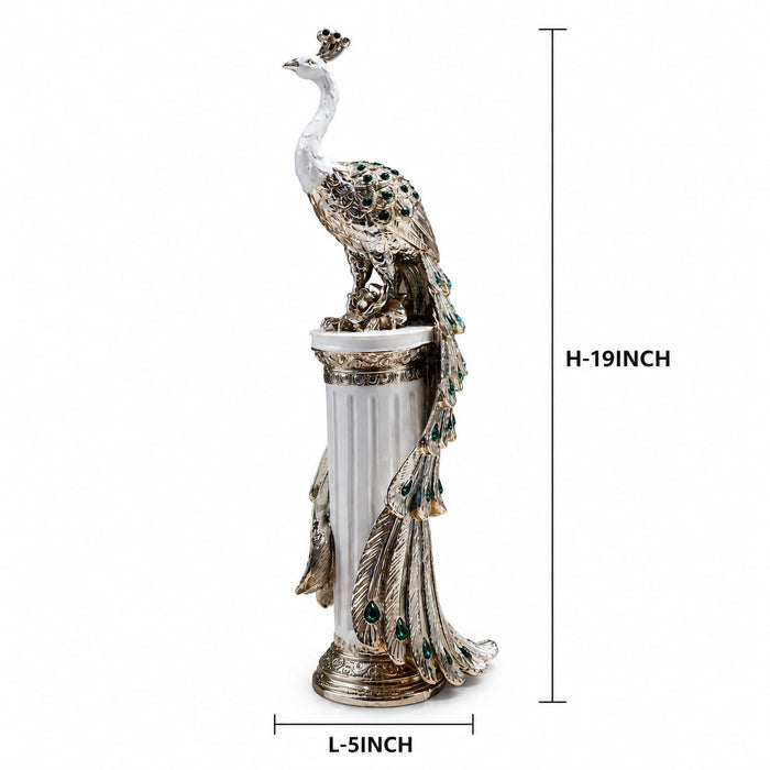 A dimensional diagram illustrating the exact height and width of the Silver Peacock on Pillar.