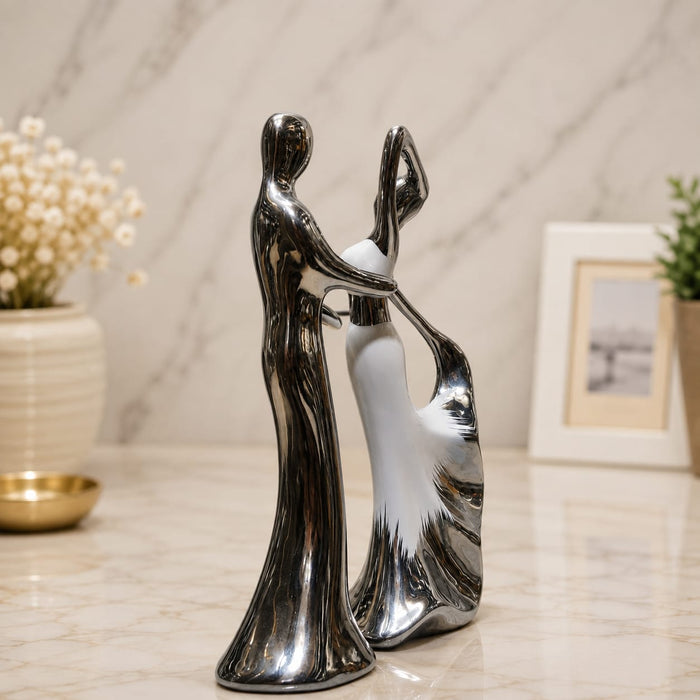 Modern Abstract Silver & White Porcelain Dancing Couple Sculpture (12 Inch) - Shot 3