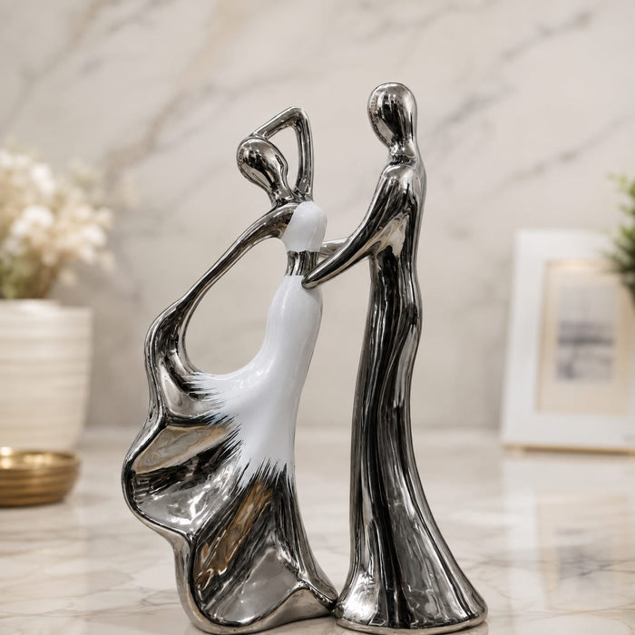 Modern Abstract Silver & White Porcelain Dancing Couple Sculpture (12 Inch) - Shot 1