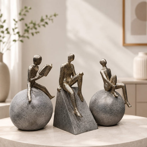 Three Abstract Silver Thinker Figures on Geometric Shapes Resin Decor (9.5 Inch) - View 1