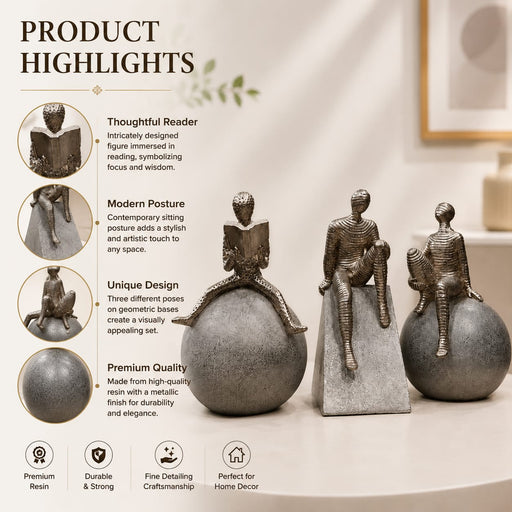 Three Abstract Silver Thinker Figures on Geometric Shapes Resin Decor (9.5 Inch) - View 2