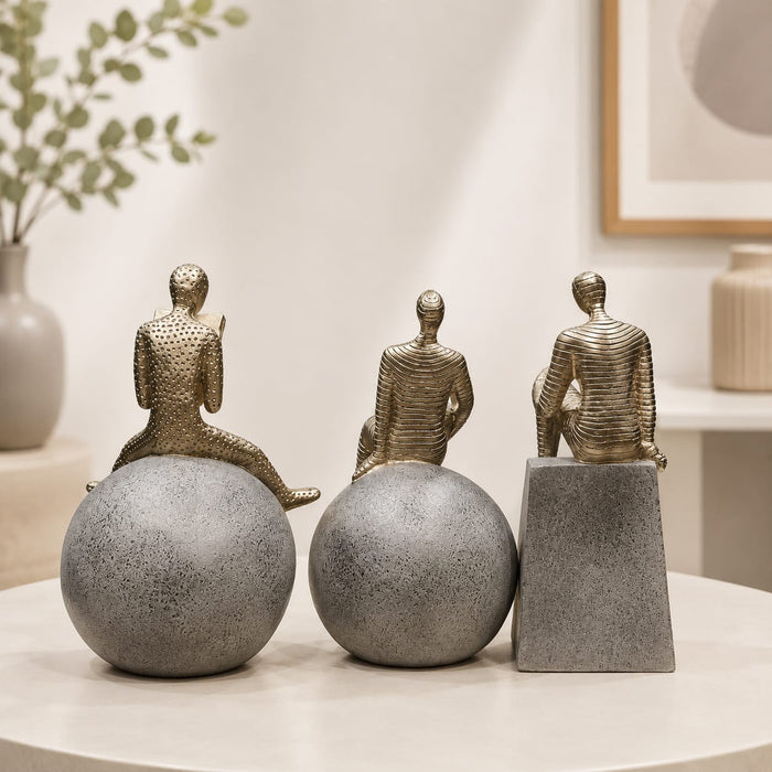 Three Abstract Silver Thinker Figures on Geometric Shapes Resin Decor (9.5 Inch) - View 3