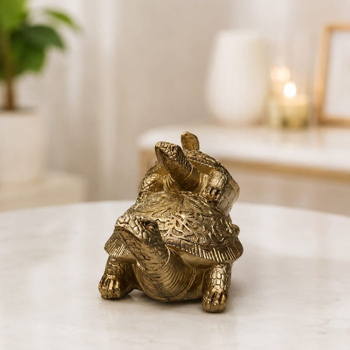 Three Stacked Golden Feng Shui Turtles Resin Figurine (3.5 Inch) - View 2
