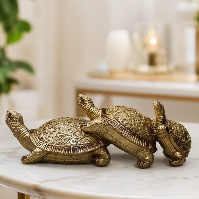 Three Stacked Golden Feng Shui Turtles Resin Figurine (3.5 Inch) - View 4