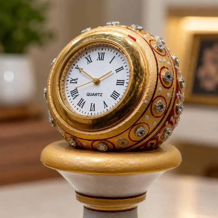 Craftsmanship detail shot of hand-painted floral motifs and red-gold enamel on marble pillar