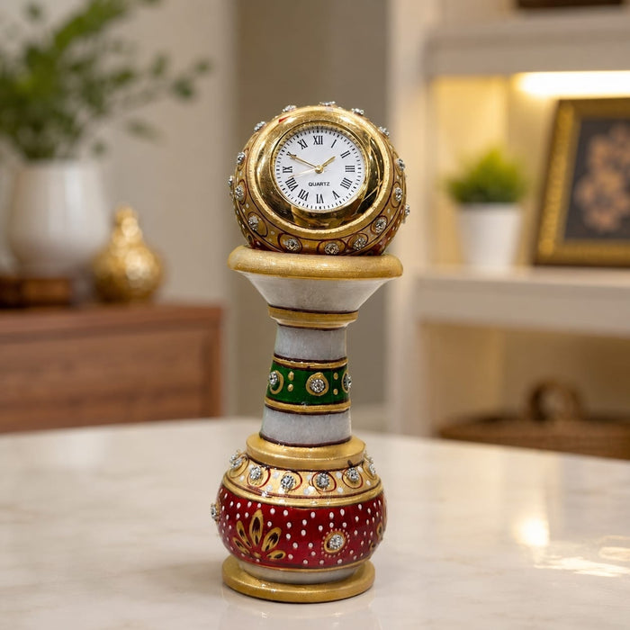 Full front view of Traditional Hand-Painted Pillar Marble Clock with Kundan Work on tabletop