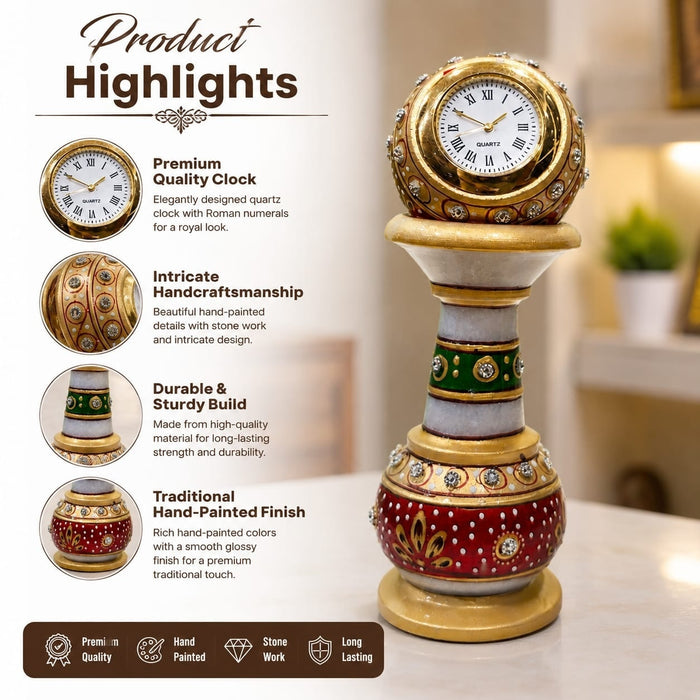 Side angle view showing hand-painted pillar column and sturdy base of marble table clock