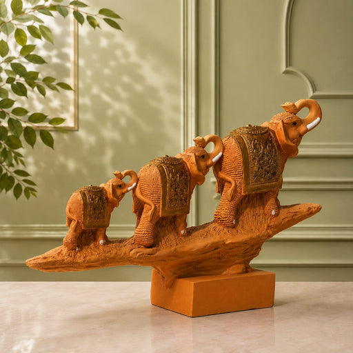 Traditional Terracotta Finish Elephant Family on Log Resin Showpiece (11 Inch) - View 1