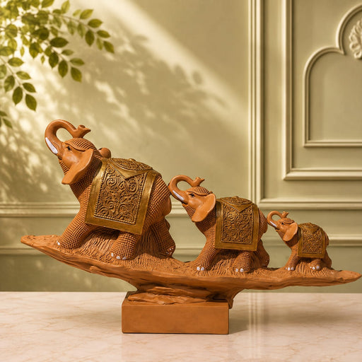 Traditional Terracotta Finish Elephant Family on Log Resin Showpiece (11 Inch) - View 3