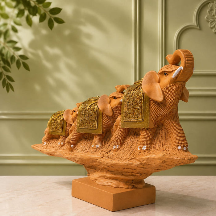 Traditional Terracotta Finish Elephant Family on Log Resin Showpiece (11 Inch) - View 4