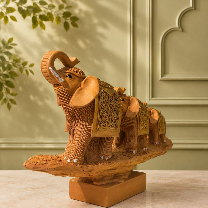 Traditional Terracotta Finish Elephant Family on Log Resin Showpiece (11 Inch) - View 6