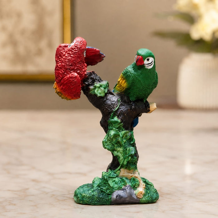 High-resolution craftsmanship detail shot displaying intricate ornamental work on Vibrant Red and Green Macaw Parrots Resin Figurine (8.2 Inch)