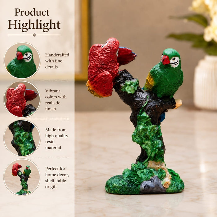 Product feature highlights and craftsmanship overview infographic for Vibrant Red and Green Macaw Parrots Resin Figurine (8.2 Inch)
