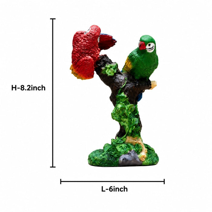 Exact dimension guide and measurement chart showing height and proportions of Vibrant Red and Green Macaw Parrots Resin Figurine (8.2 Inch)