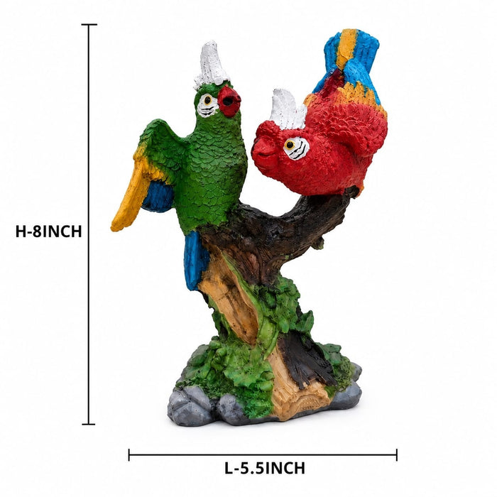 Three-quarter perspective angle view showcasing dynamic form and balanced proportions of Vibrant Twin Parrots on Branch Resin Figurine (8 Inch)