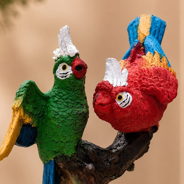 Detailed close-up of hand-painted accents, fine facial detailing, and premium Resin texture on Vibrant Twin Parrots on Branch Resin Figurine (8 Inch)