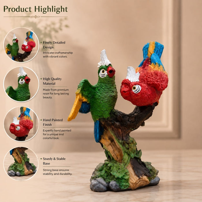 Product feature highlights and craftsmanship overview infographic for Vibrant Twin Parrots on Branch Resin Figurine (8 Inch)