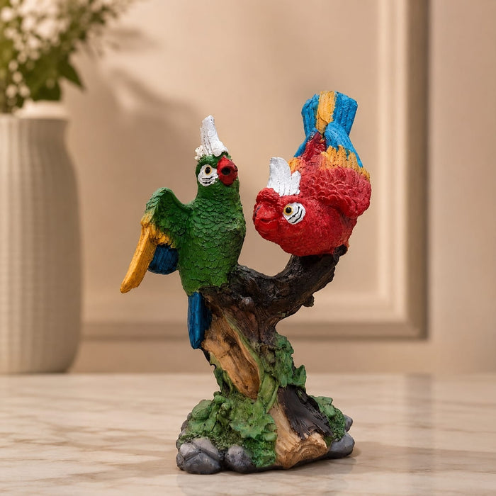 Full front view of Vibrant Twin Parrots on Branch Resin Figurine (8 Inch) on display base against clean studio background