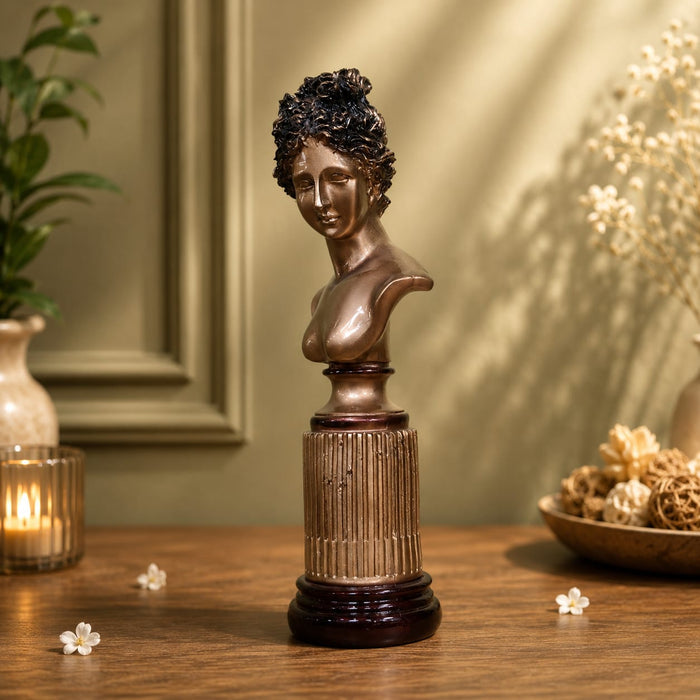 Vintage Bronze Classical Female Bust on Column Base Resin Sculpture (14 Inch) - View 4