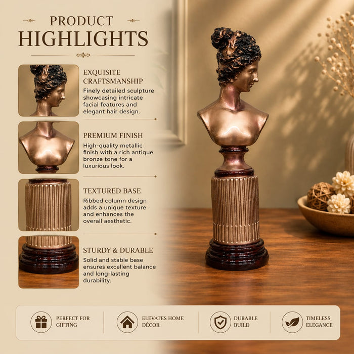 Vintage Bronze Classical Female Bust on Column Base Resin Sculpture (14 Inch) - View 6