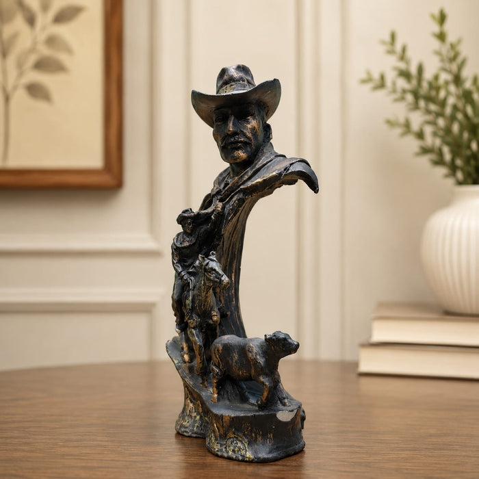 Three-quarter perspective angle view showcasing dynamic form and balanced proportions of Vintage Cowboy Bust with Horse Rider Scene Resin Sculpture (8.5 Inch)