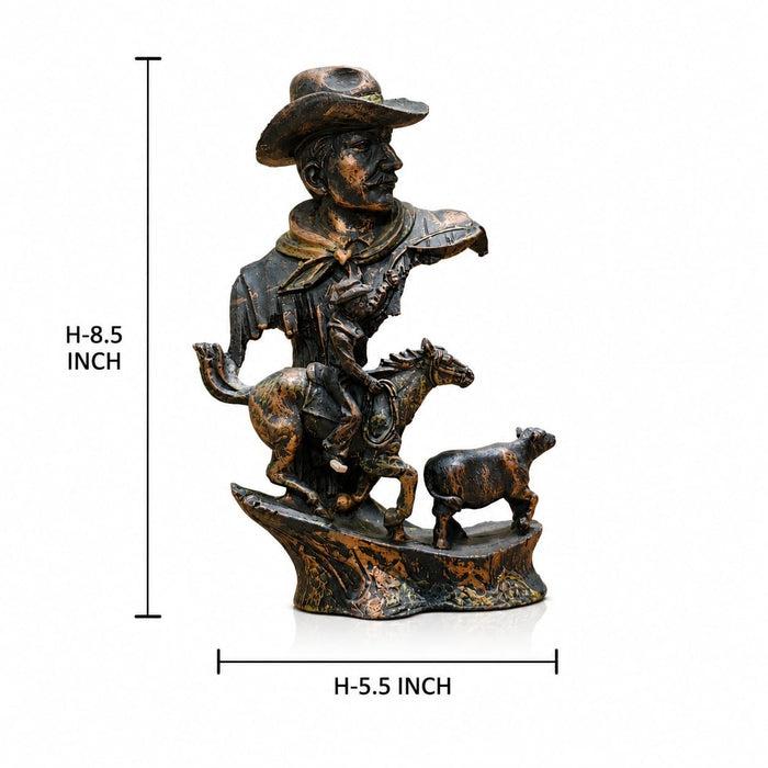 Detailed close-up of hand-painted accents, fine facial detailing, and premium Resin texture on Vintage Cowboy Bust with Horse Rider Scene Resin Sculpture (8.5 Inch)