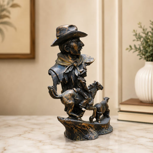 Product feature highlights and craftsmanship overview infographic for Vintage Cowboy Bust with Horse Rider Scene Resin Sculpture (8.5 Inch)