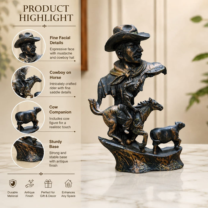 Full front view of Vintage Cowboy Bust with Horse Rider Scene Resin Sculpture (8.5 Inch) on display base against clean studio background