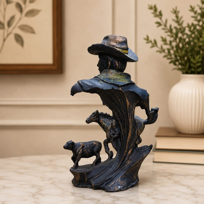 Side profile perspective showcasing elegant three-dimensional contours and sculptural depth of Vintage Cowboy Bust with Horse Rider Scene Resin Sculpture (8.5 Inch)
