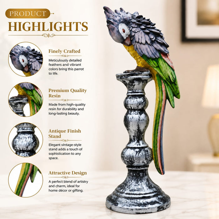 Vintage Style Parrot on Candlestick Stand Resin Figurine (15 Inch) - View 3