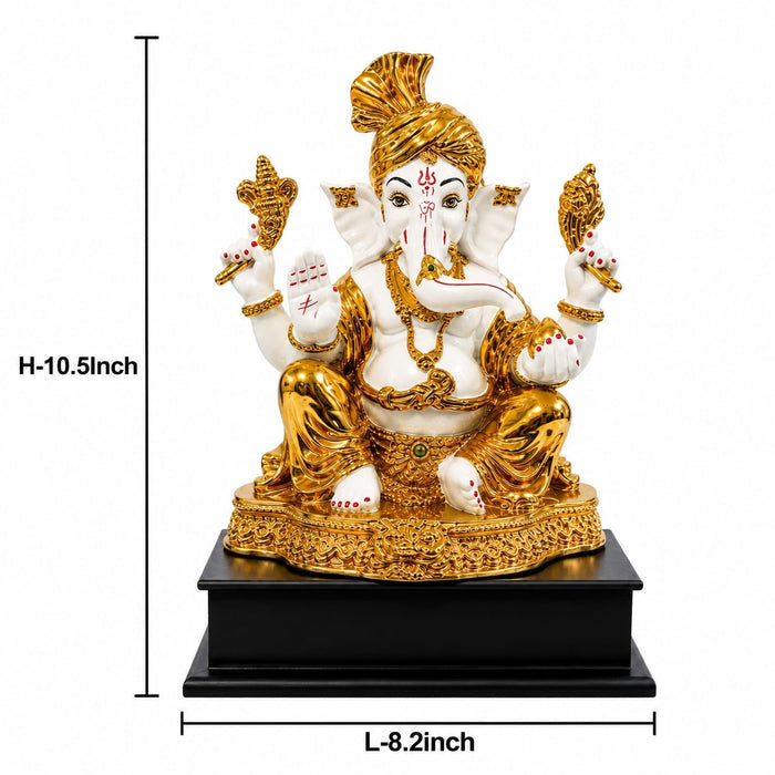 Three-quarter perspective angle view showcasing dynamic form and balanced proportions of White and Gold Ganesha Resin Idol with Red Tilak (10.5 Inch)