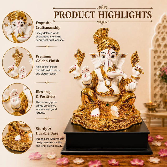 Detailed close-up of hand-painted accents, fine facial detailing, and premium Resin texture on White and Gold Ganesha Resin Idol with Red Tilak (10.5 Inch)