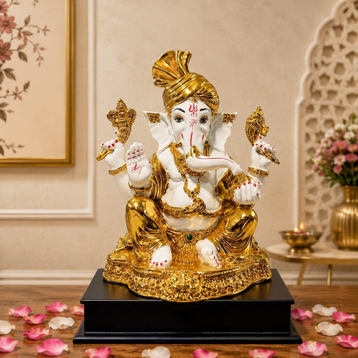 Product feature highlights and craftsmanship overview infographic for White and Gold Ganesha Resin Idol with Red Tilak (10.5 Inch)