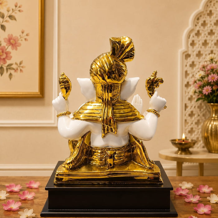 Full front view of White and Gold Ganesha Resin Idol with Red Tilak (10.5 Inch) on display base against clean studio background
