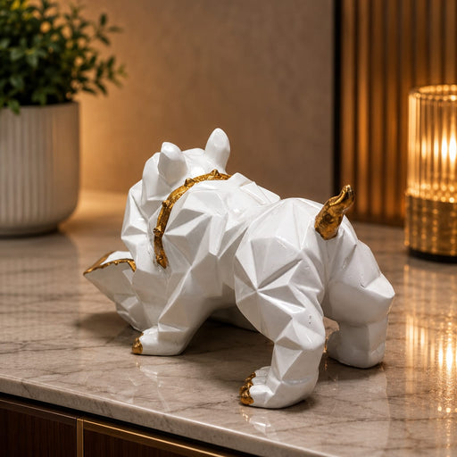 An angled perspective of the White Geometric Bulldog with Tray highlighting its elegant three-dimensional form and craftsmanship.
