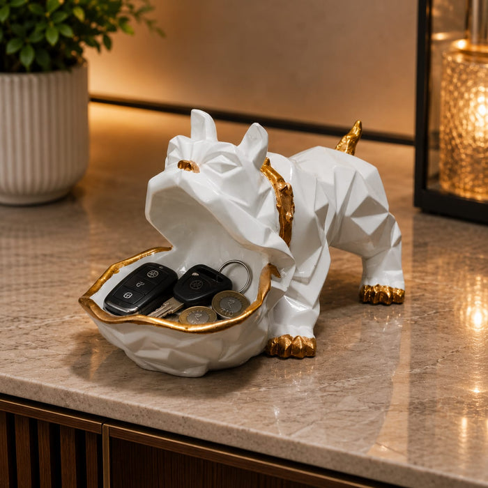 A close-up detail shot of the White Geometric Bulldog with Tray focusing on the artisanal carving and rich color.