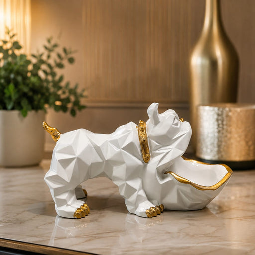A direct front-facing view of the White Geometric Bulldog with Tray showcasing its vibrant details and premium finish.