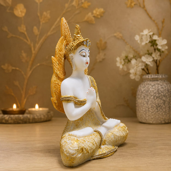 The detailed back view of the White and Gold Buddha Idol showing the intricate texture of the material.