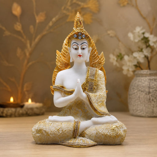 The White and Gold Buddha Idol beautifully styled in a modern home interior setting to inspire decor placement.