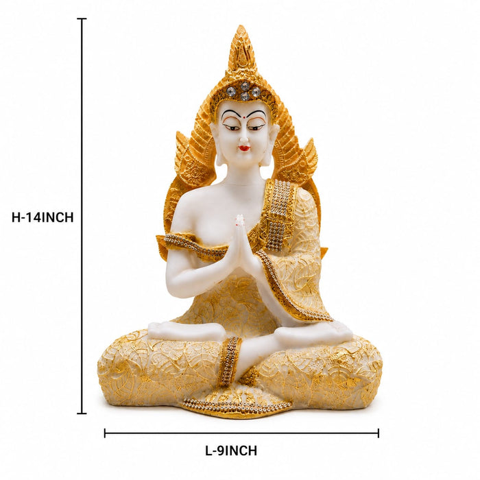 A dimensional diagram illustrating the exact height and width of the White and Gold Buddha Idol.