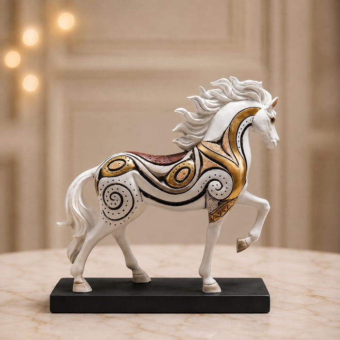 An angled perspective of the White and Gold Horse Figurine highlighting its elegant three-dimensional form and craftsmanship.
