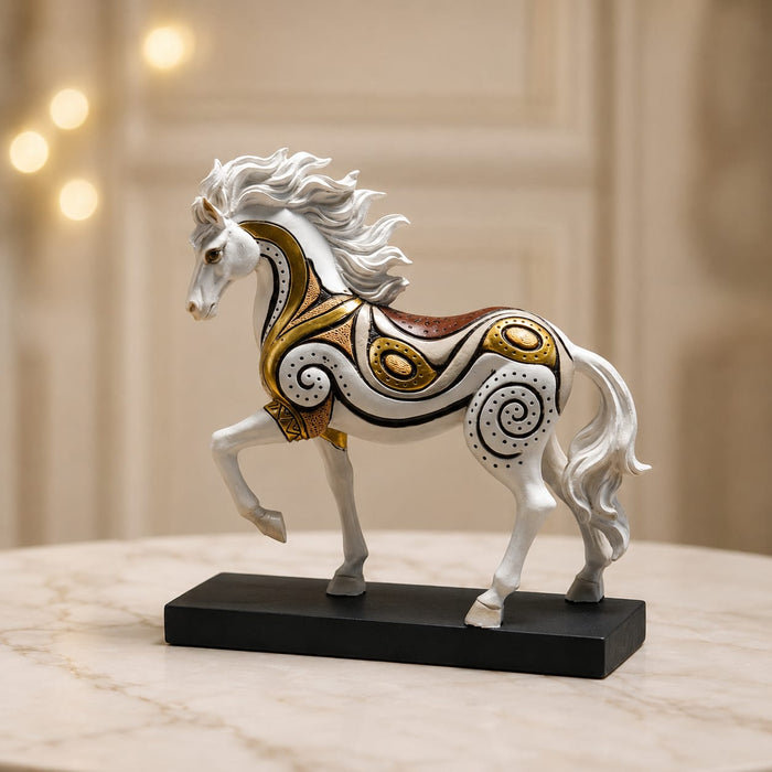 The detailed back view of the White and Gold Horse Figurine showing the intricate texture of the material.