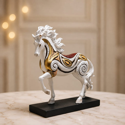 A close-up detail shot of the White and Gold Horse Figurine focusing on the artisanal carving and rich color.