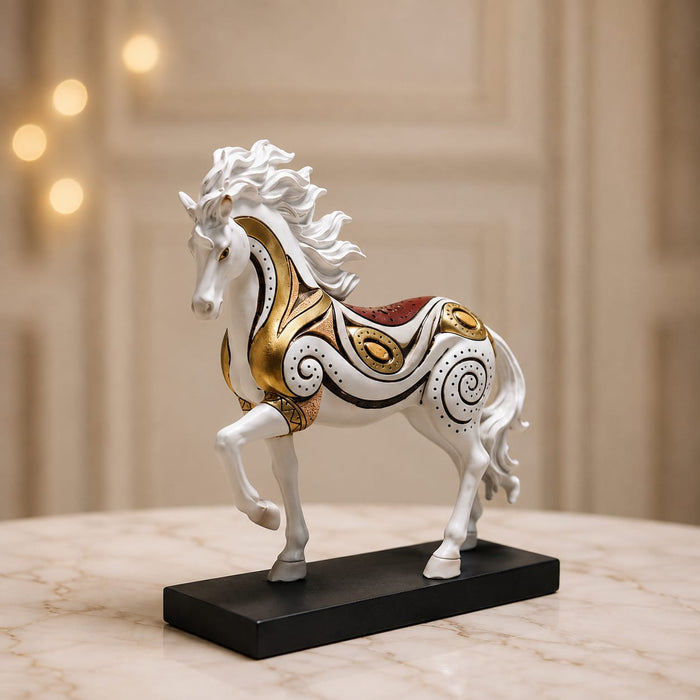 A close-up detail shot of the White and Gold Horse Figurine focusing on the artisanal carving and rich color.